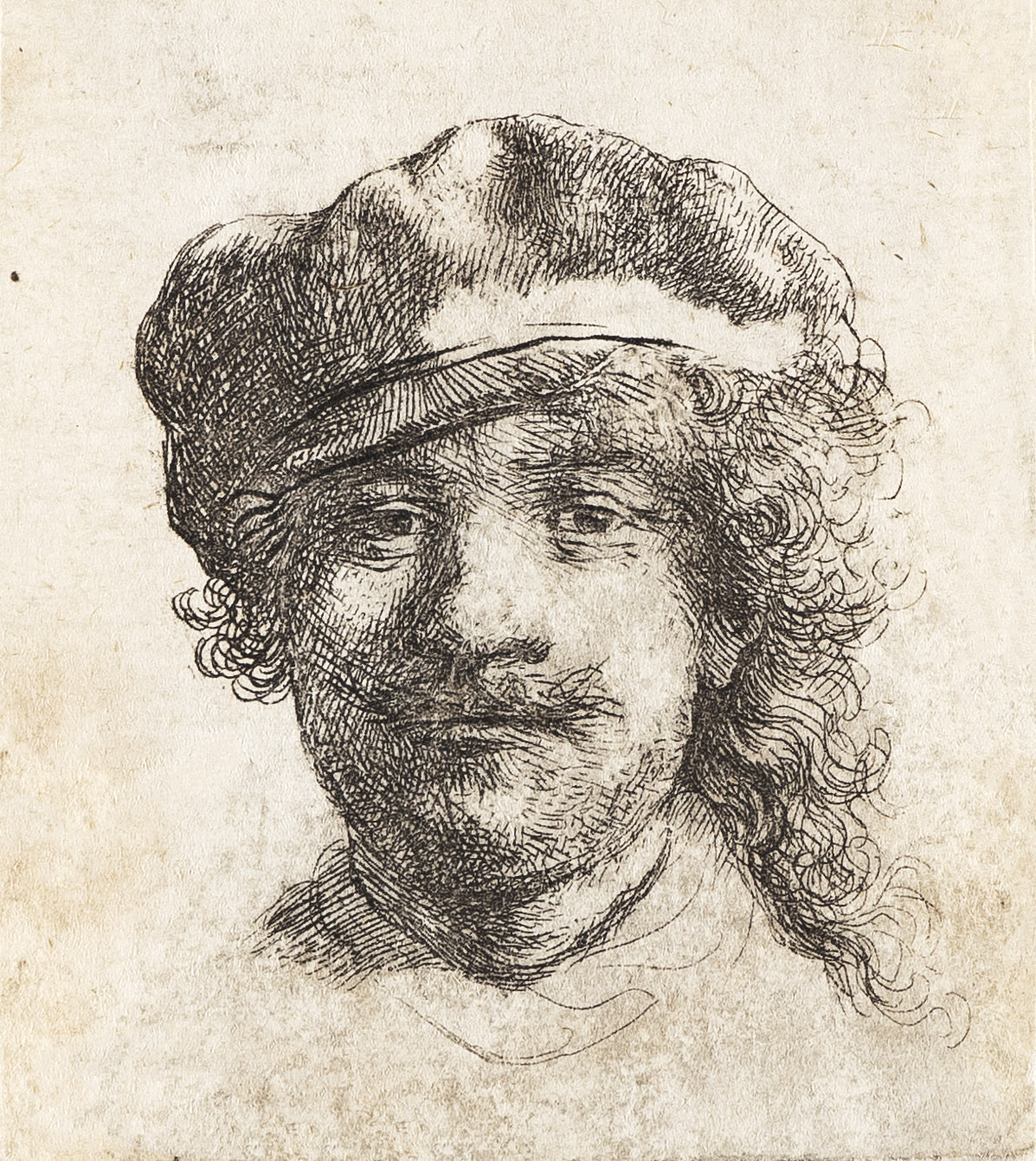 REMBRANDT VAN RIJN Self Portrait Wearing a Soft Cap: Full Face, Head Only.